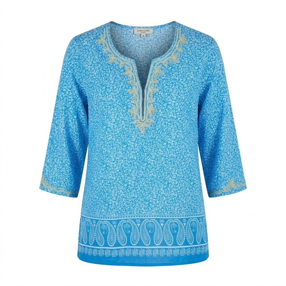 Anne‎ Carson Woman 1X Blue Floral Cotton Top Gold Embroidered Split Neck
